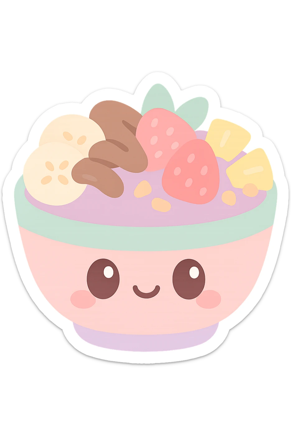 acai bowl topped with banana, strawberries, Nutella, pineapple, and granola, cute face on bowl, colorful and cheerful sticker