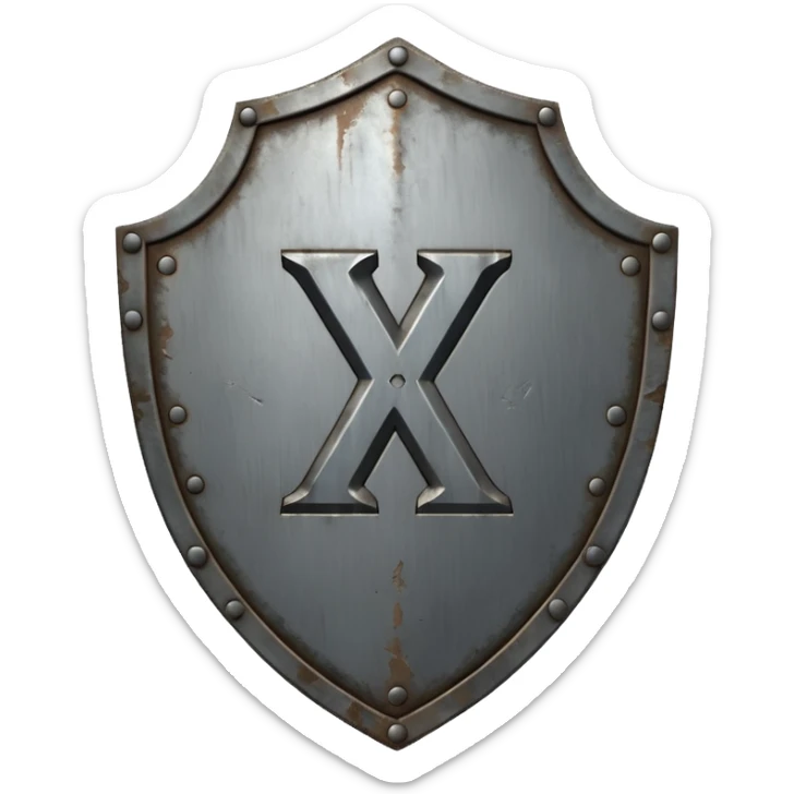 a battle worn steel shield with engraved roman numerals "XXX", the roman numerals should be prominent and in the center of the shield sticker