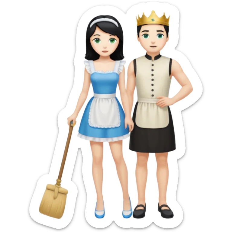 King, black hair, body, legst, blue eyes, shoes, maid blonde hair, green eyes, sexy short sleveless White dress, shoes sticker