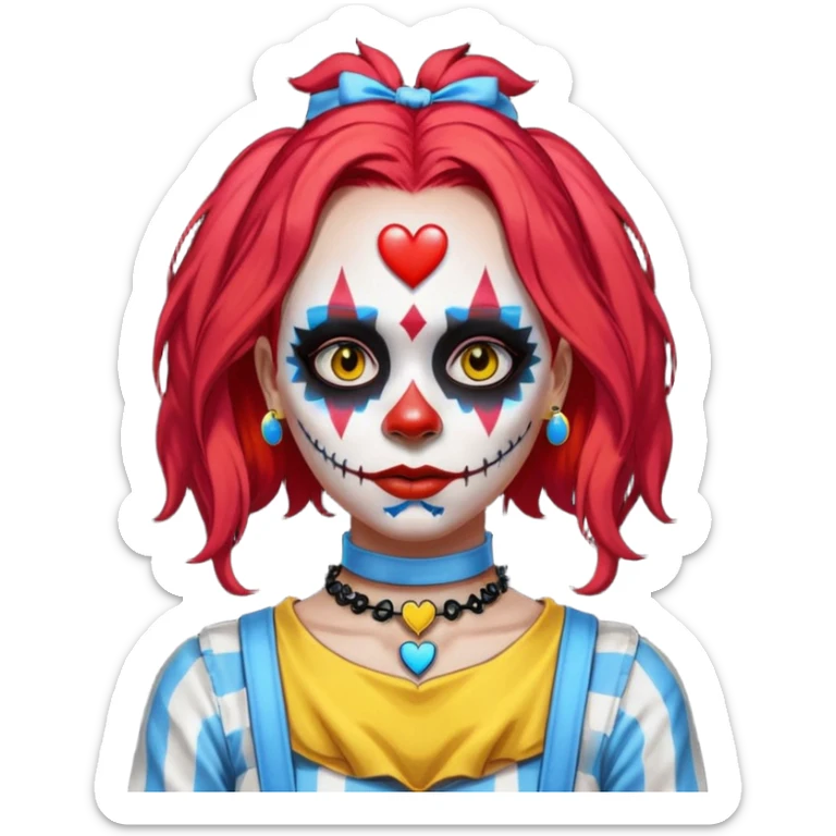 wendy thomas  the clown from gta rp nopixel she has a blue sun on covering right eye with three yellow lines below her right eye and above her left eye. she has long bright red hair and light blue eyes with ablack heart choker and black bunny ears. with a skeleton shirt sticker