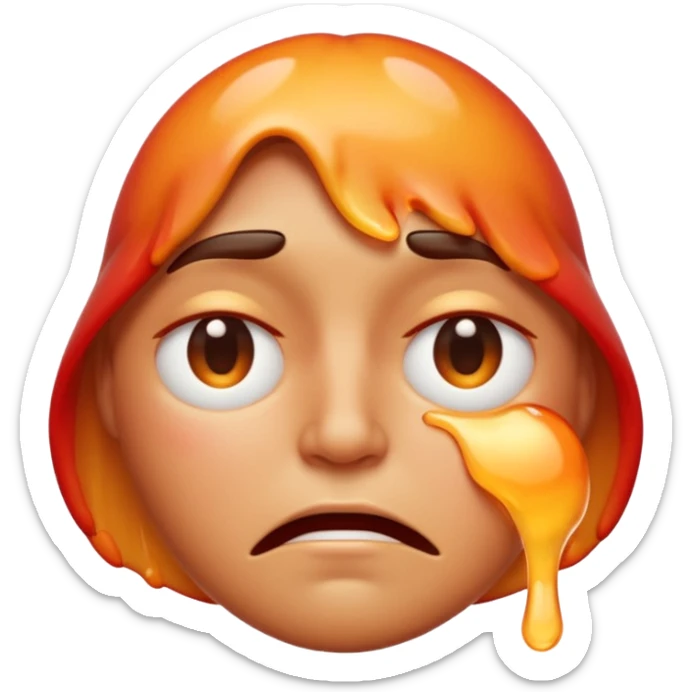 Apple-style emoji illustration of a person melted, overheated face with sweat drops, half-closed exhausted eyes, annoyed or angry expression, warm orange and red tones, soft 3D emoji style, smooth gradients, rounded shapes, centered composition. sticker