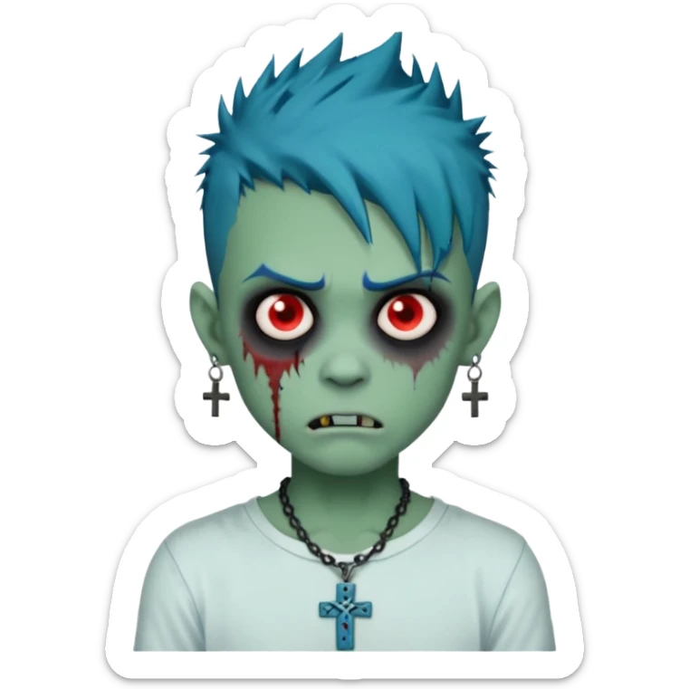 zombie boy with spiky emo blue hair and white shirt , tattos, a risk on the eyebrow, earings,  a necklace with a cross, green skin, shaggy, dark, spooky, creepy expression emoji  sticker