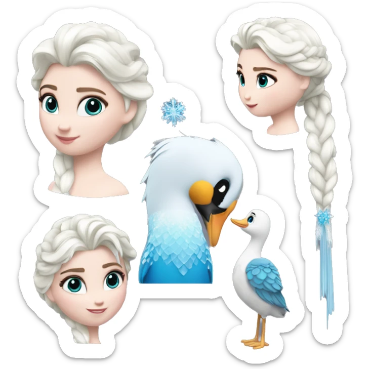 un pato con cuerpo azul, cabeza blanca y trenza con cabello blanco como Elsa de frozen sticker
