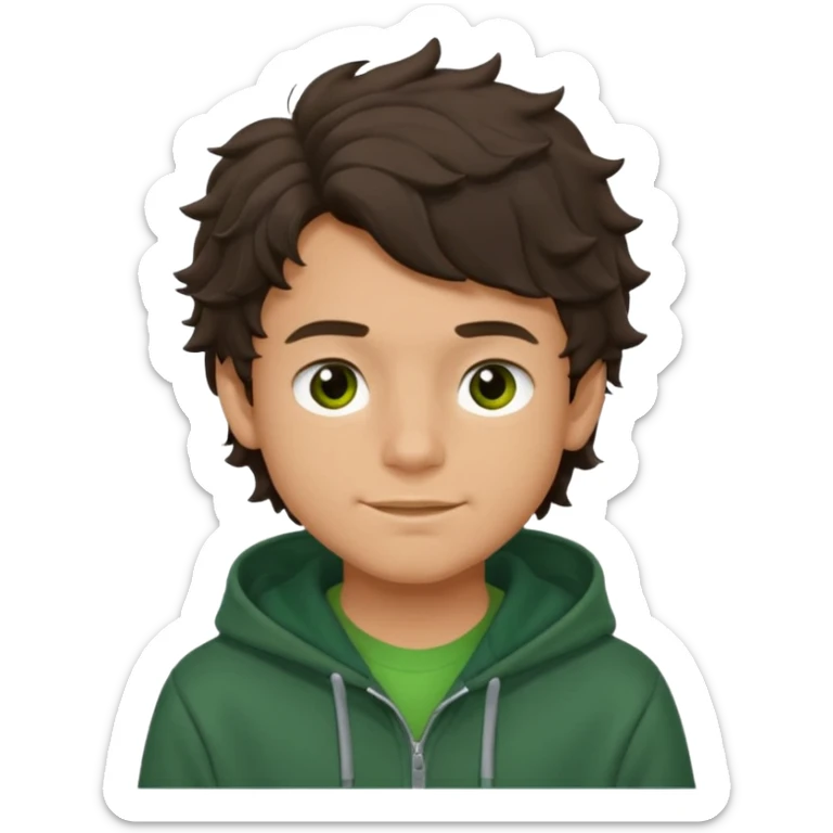 a 14 year old slightly tanned teenage boy with dark brown tousled wavy hair, dark brown eyes wearing a green tshirt, with a dark green hoodie overcoat. smirking sticker