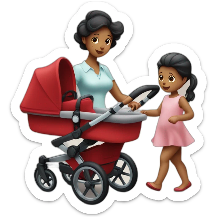 Deux femmes amoureuses se promènent avec leur bébé en poussette bugaboo rouge sticker