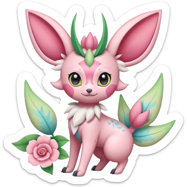 Rosy floral romantic cute Sylveon-Celebi-Leafeon-Pokémon-Digimon-Fakémon-hybrid-fusion-creature sticker