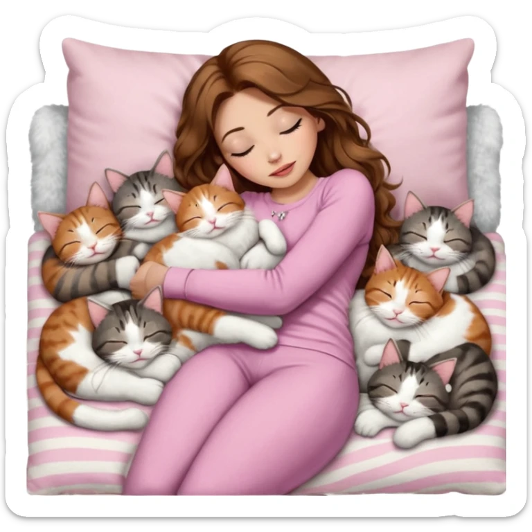girl with long wavy brown hair, brown eyes, long lashes makeup, sexy pink lips, light to medium complexion,  sleeping on a cozy pillow, with 6 cats: 1 brown and white tabby cat, 1 ginger and white, 2 grey and white, 1 grey with white mittens and small white patch on chest and 1 calico, sleeping sticker