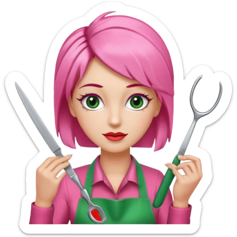 A hairdresser with scissors behind her head ✂️🩶(Pink, red and green apron)(Eyelashes)(Woman silver skin) sticker