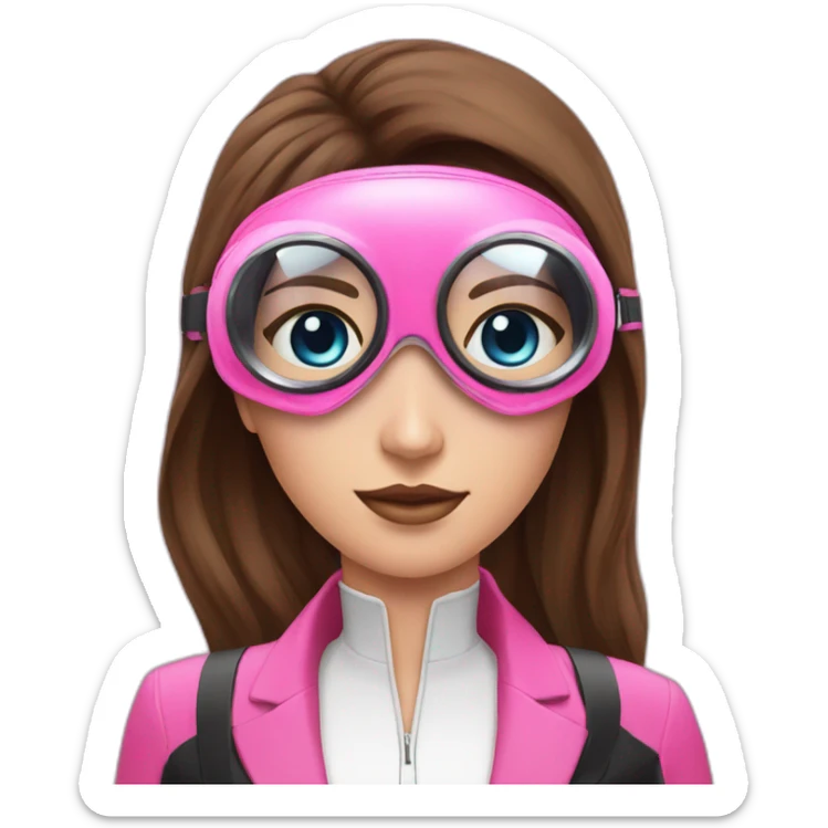 woman with blues eyes, large and straight brown hair, pink diving mask with a single crystal. underwater pink and black suit sticker