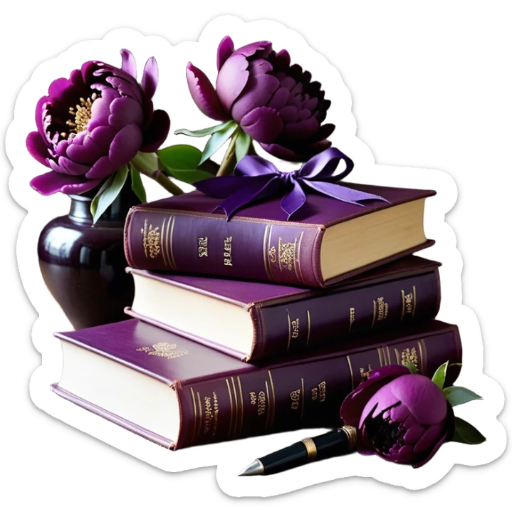 A beautifully arranged stack of mulberry-colored books sits on an antique wooden table, adorned with lush, deep aubergine peonies whose velvety petals spill gently over the edges. Beside them, a delicate love letter, sealed with a wax stamp in rich Tyrian purple, rests gracefully, its edges slightly curled with time. The scene is bathed in warm, golden candlelight, casting soft shadows that enhance the depth of the regal hues. A fine silk ribbon in a matching plum shade winds around the books, securing a tiny, ornate key—perhaps holding the promise of a secret yet to be unveiled. sticker