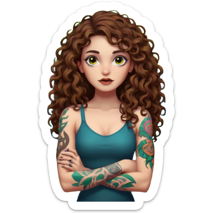 full body view of a woman with long curly brown hair, brown eyes, white skin, tattoos, arms crossed, eyebrow raised, neon forest chaos behind her sticker