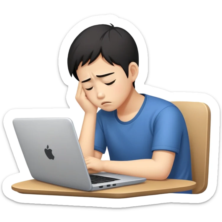 Create an emoji of a tired person of Asian descent, sitting at a laptop, looking exhausted and frustrated. They have slouched posture, representing overwork and burnout. sticker