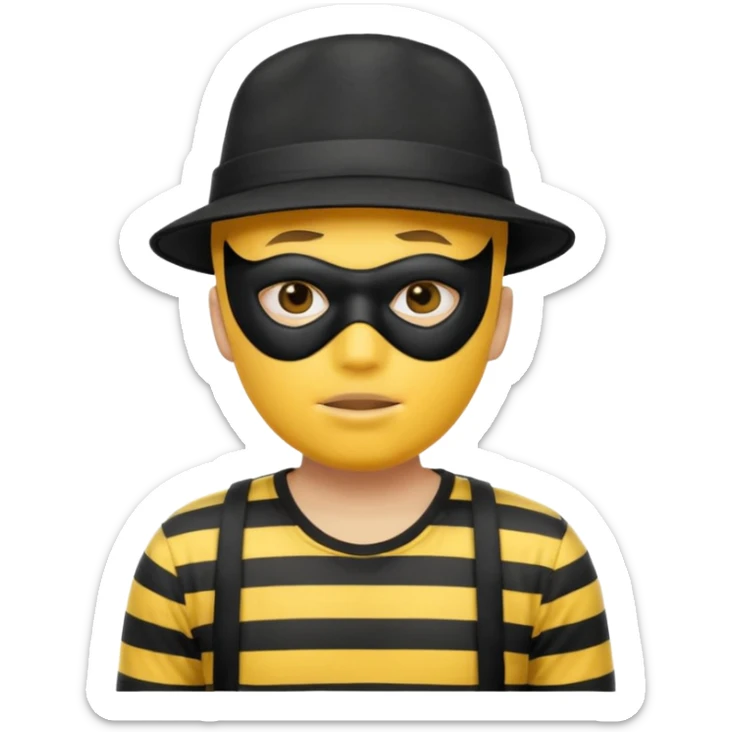 Shrugging shoulders emoji but wearing cliche robber outfit not holding any money, emoji yellow skin tone male sticker