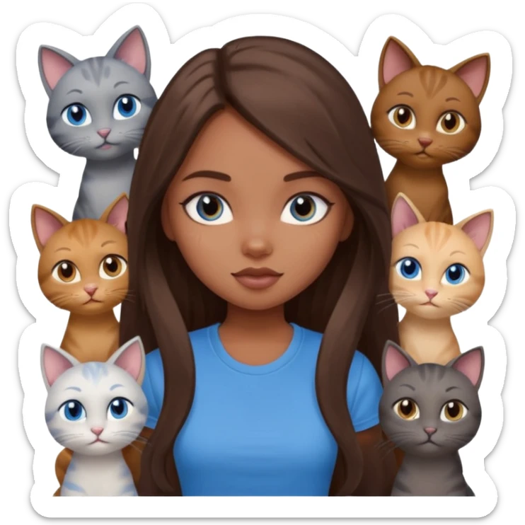 a pretty bratz dusky girl with long brown hair, blue eyes with six cats nd wearing a grey tshirt sticker