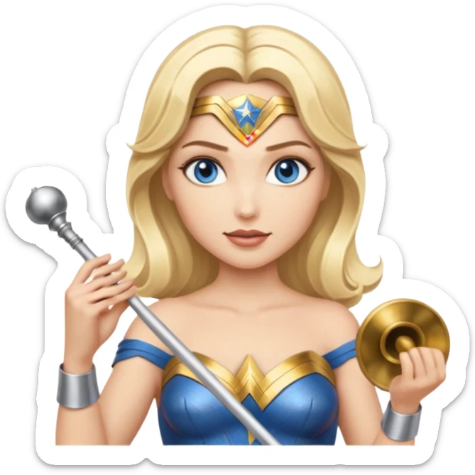 Blonde blue eyed Wonder Woman holding white orchestra conductor’s baton and bell sticker