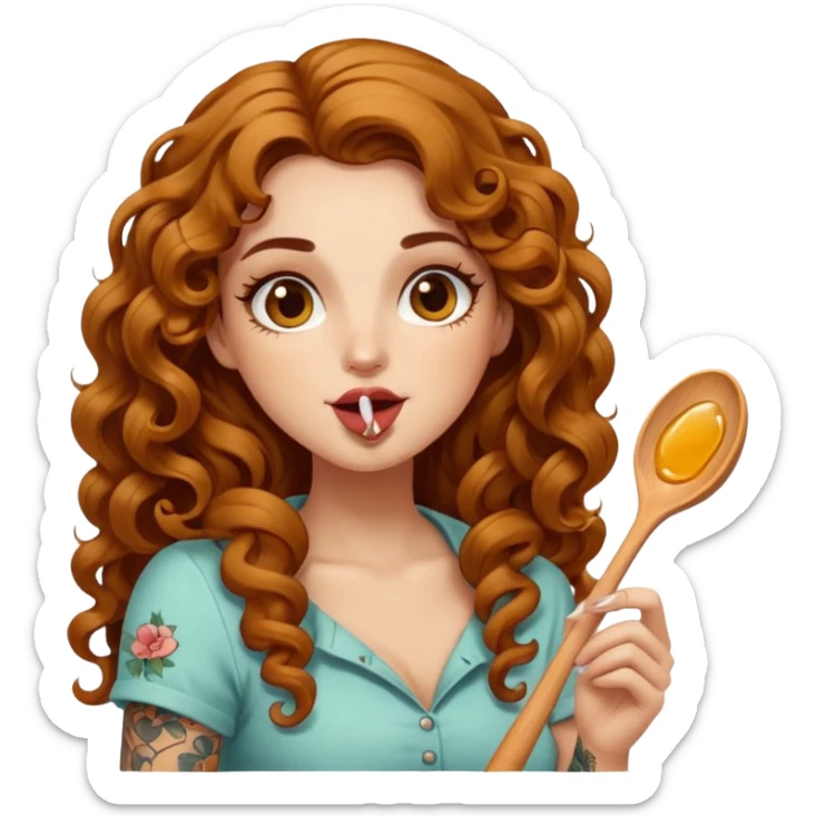 portrait woman long curly brown hair brown eyes white skin tattoos licking honey from wooden spoon, flirty sticker