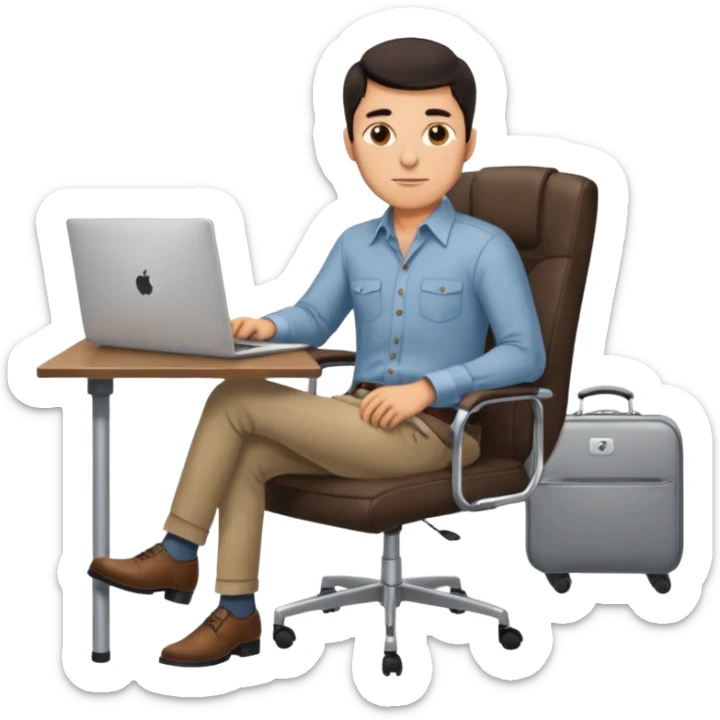 Rich man working on a chair at office in shirt, dark hair, and near the desk with laptop he is german very beautiful looks like, full body view sticker