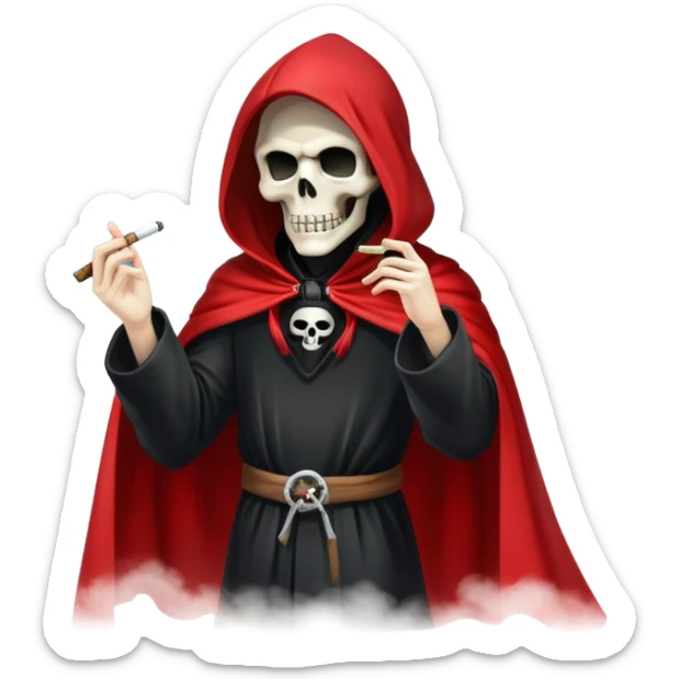 grim reaper in red cape smoking weed with loads of smoke in the air sticker
