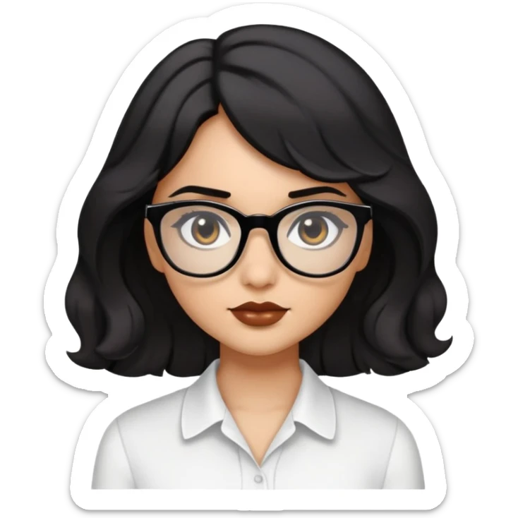 una chica bonita de tez media, cabello negro mediano ondulado, ojos oscuros y lentes negros con blusa blanca, complexión media sticker