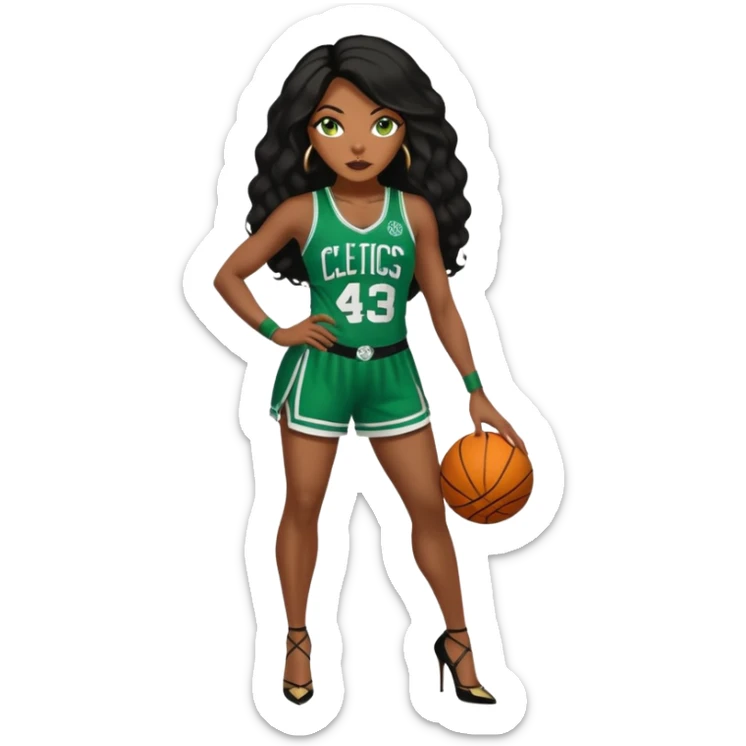 45 year old black women with long brown and black hair dressed in sexy 
celtics jersey costume outfit and stilettos  sticker
