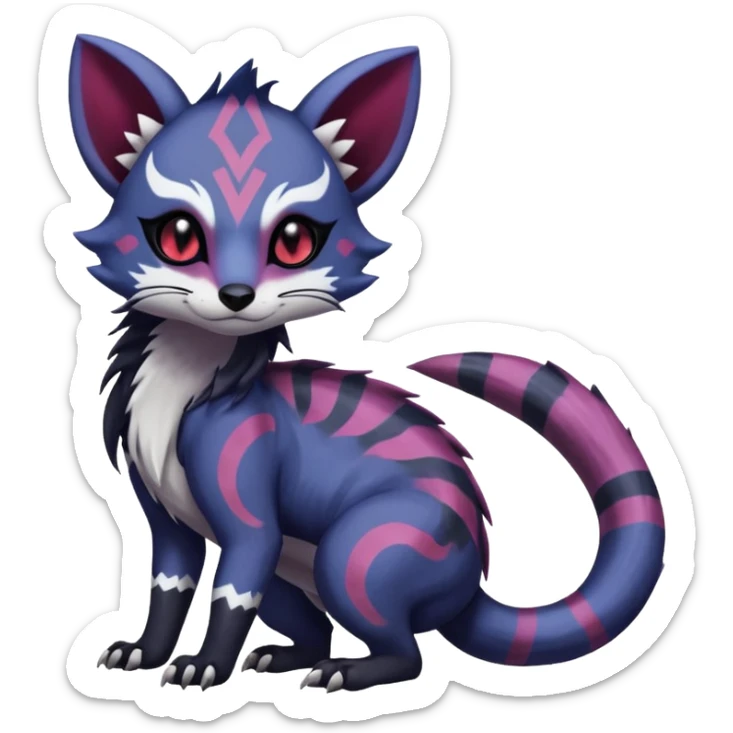 Rare warm-colored exotic gloomy tropical edgy cute epic aesthetic spooky indigo purple white black red gothic colorful Salandit-Furret-Espurr-Meowstic-Civet-species-Fakemon-hybrid-creature, with tribal tattoo markings, full body sticker
