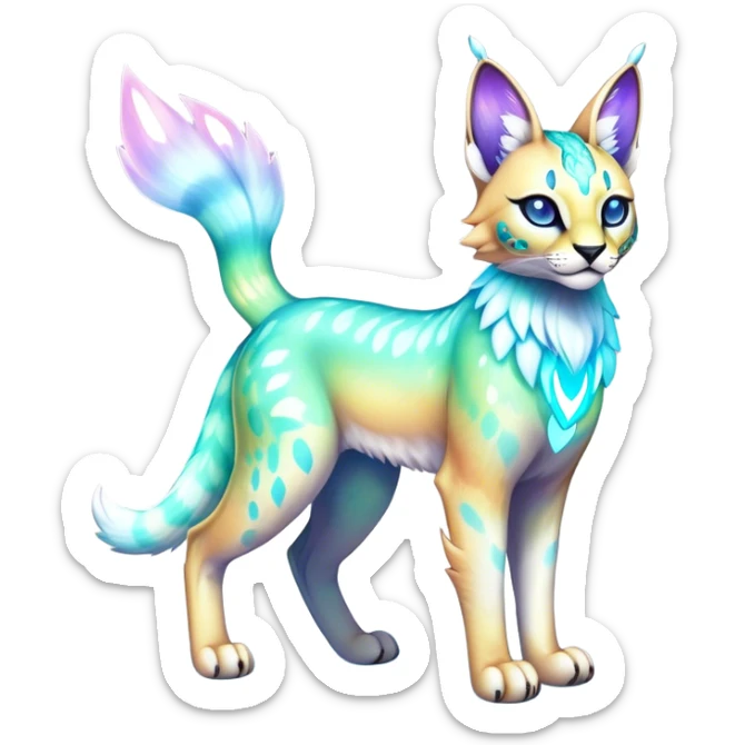 An iridescent transparent luminescent colorful fantasy-lynx-caracal-serval-fakemon-creature-hybrid sticker
