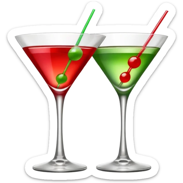 two realistic glasses of cocktail in emoji style, one is red color and one is green, martini glass shape, no straw, no fruit, no ice sticker