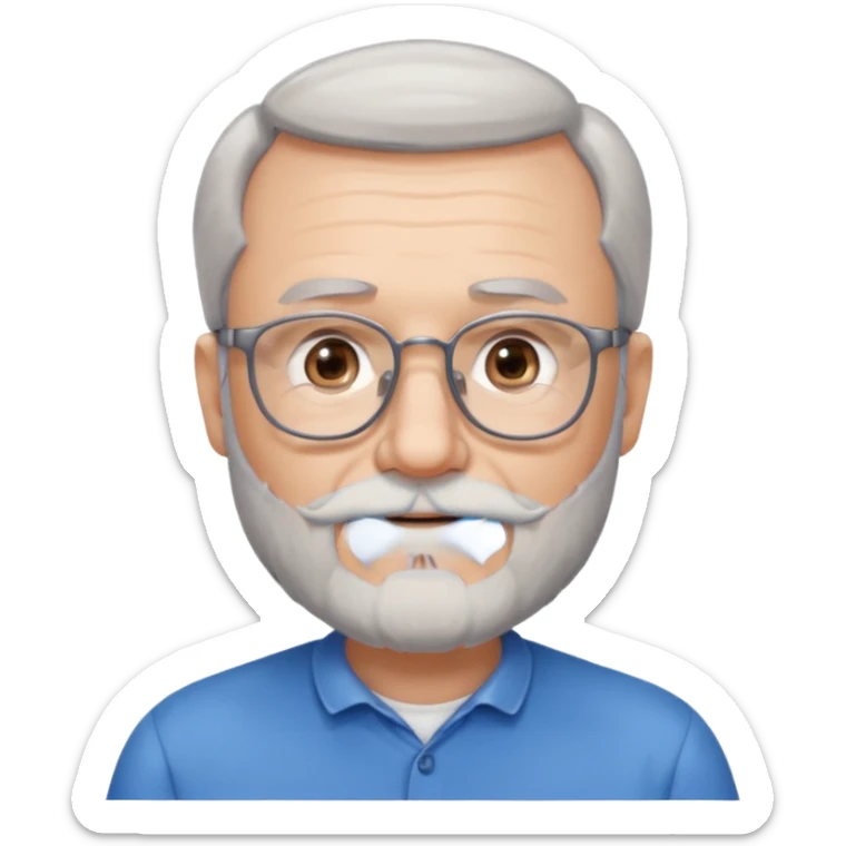 Create me an emoji of an old man. Gray really short size hair. Gray follow-up full beard. Squarer Glasses. Blue eyes. Little smile sticker