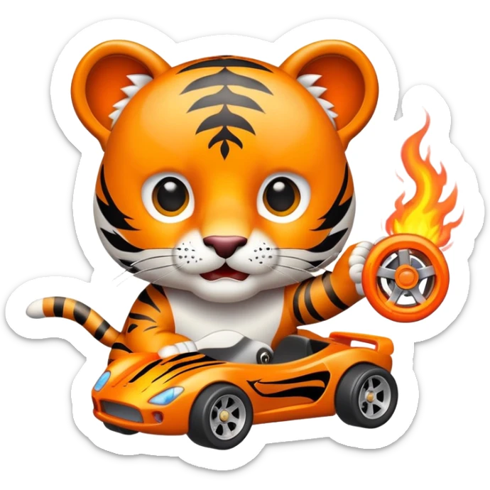 cute tiger holding toy hot wheel car with THE CAR wheels on fire sticker