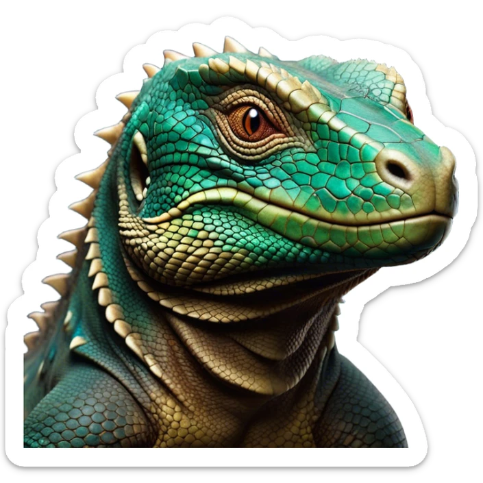 Cinematic Noble Komodo Dragon Lizard Portrait Emoji, Poised and regal, with a rugged, scaled body and powerful stance, deep-set intense eyes and textured, weathered skin, Simplified yet sharp and sophisticated features, highly detailed, glowing with a soft, ancient glow, high shine, intelligent and formidable, stylized with an air of primordial authority, focused and commanding, soft glowing outline, capturing the essence of a watchful and confident guardian that appears ready to stride out of the screen with timeless power! sticker