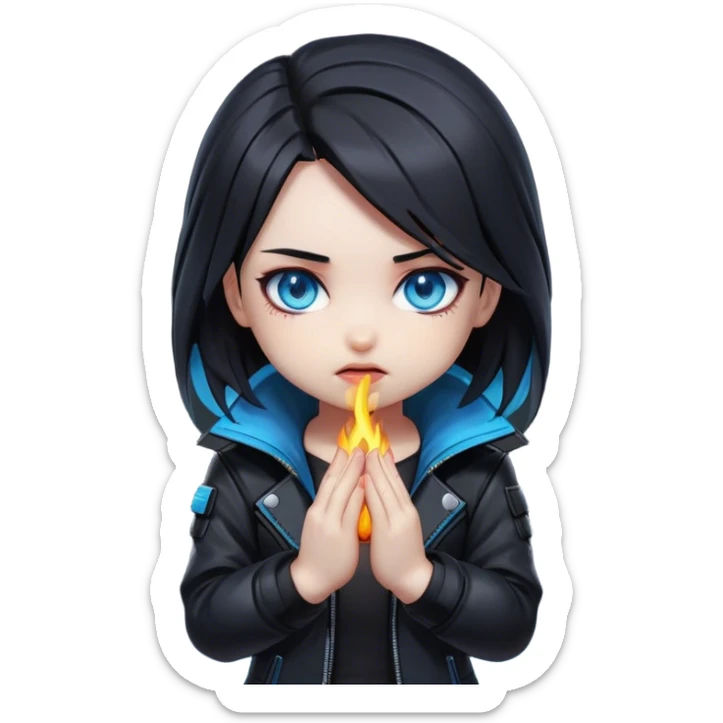 Black hair cyberpunk 2077 chibi girl with blazing blue eyes and black jacket. Hide face in hands sticker