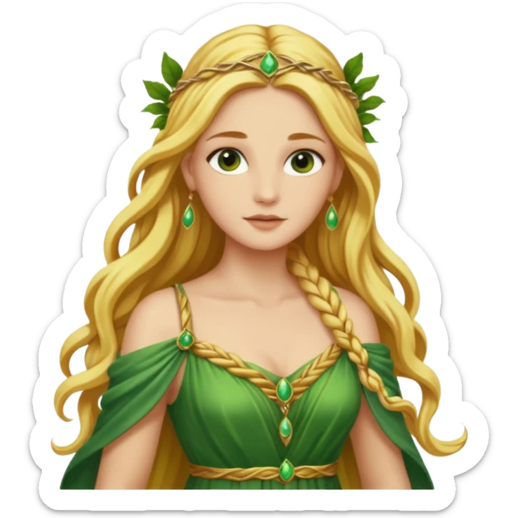 Ceres, Harvest Goddess from Rome Mythology with long golden blonde hair, green and yellow outfit, sticker