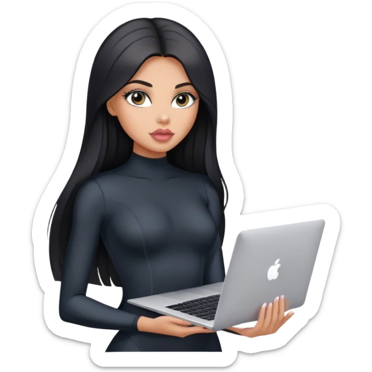Glamours, tanned, very beautiful girl, with big pump peach-beige-rose lips, black straight smooth silky long hair, straight parting, blue-grey eyes, in black bodysuit holding MacBook sticker