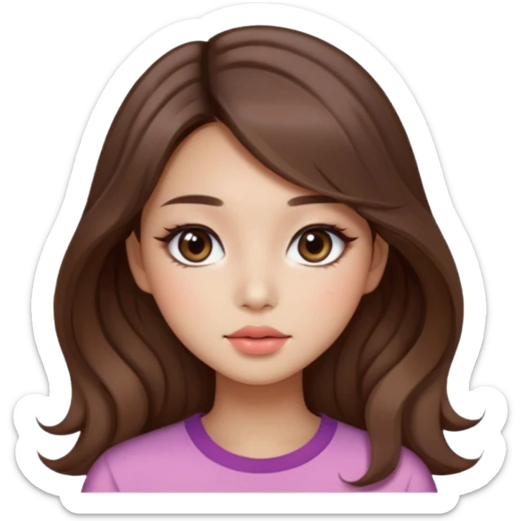 “korean straight brown hair Emoji girl, soft eyeliner and blush, gradient lips, light brown shimmer eyeshadow, long wavy hair,  sticker