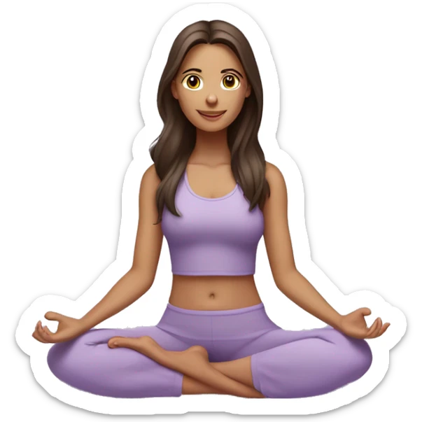 Brunette long hair and brown eyes yoga beautiful girl in light purple clothes sitting on a yoga mat sticker