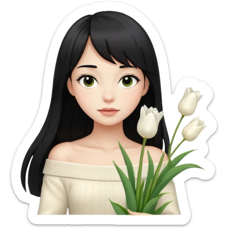 girl with long black hair, thin bangs, black eyes, cream off-shoulder sweater, holding white tulips sticker