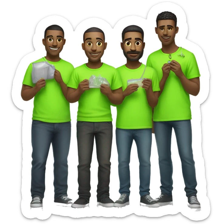 group of men in neon green shirts holding a small clear bag in one hand and a key in the other sticker