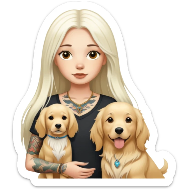girl with long white  straight hair and tattoos and two Golden Retriever sticker