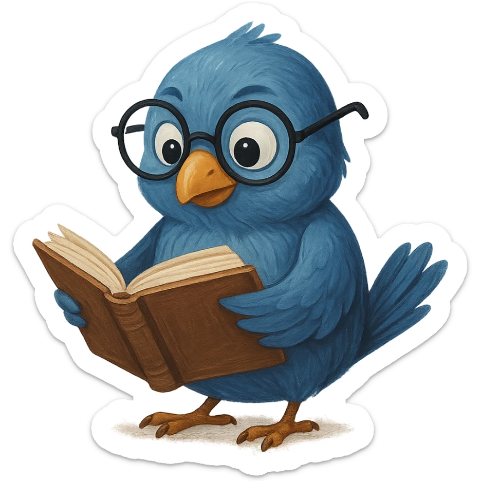 a clever bird named Coocoo, wearing glasses and reading a book, showing intelligence and curiosity sticker