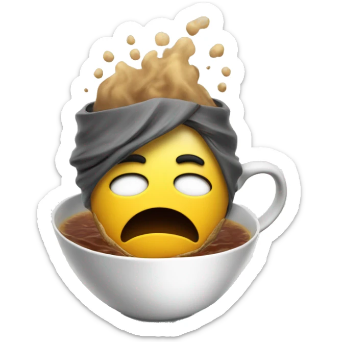 A stressed emoji siting in a cup of tea with lot of stress very tired create a mess on head top to represent atress sticker