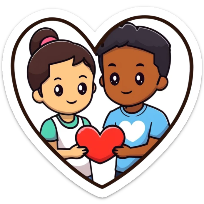 A couple with dark brown hair and mixed skin tone inside a white heart sticker
