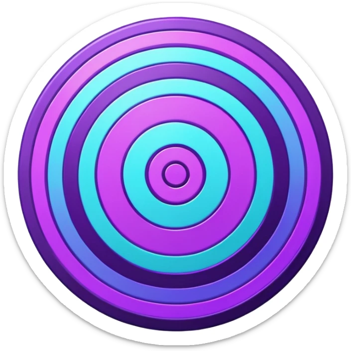 Symbolic bullseye target emoji, flat design, concentric circles, neon purple & cyan glow, holographic, digital tech, abstract sparkles, dark background, no realistic texture sticker