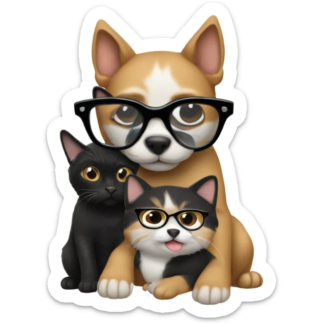 a cat in black glasses hugs a dog in black glasses sticker