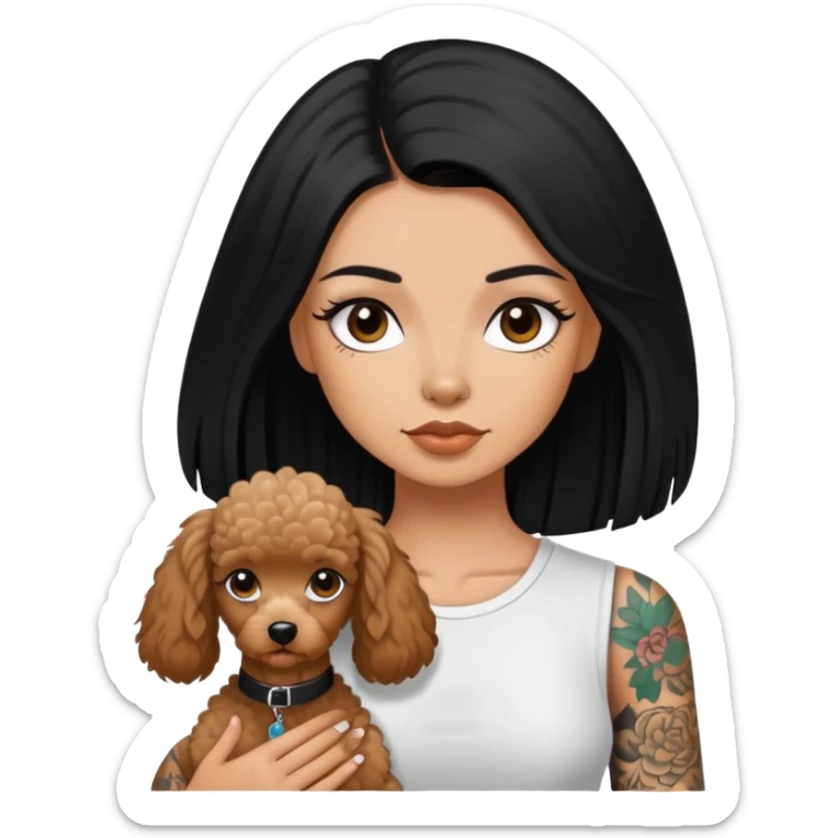 girl with long black  straight hair and tattoos and a  white Yorkshire and a brown poodle sticker