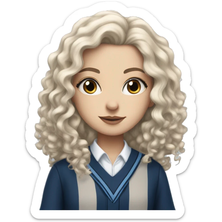 Hyper realistic White girl with long black curly hair wearing a ravenclaw school inform sticker