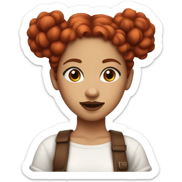 Create an Emoji Girl, slightly curly and long red hair and 2 buns on top of her head, red lipstick, white skin, brown eyes, red mesh shirt sticker