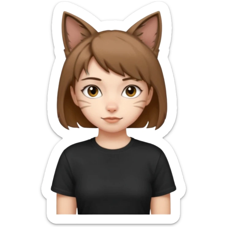 a girl with short brown wolf cut , cat ears and a tail, with a black t-shirt on sticker