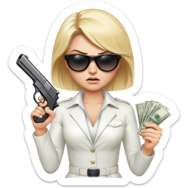 Mafia blondes angry woman in sunglasses, gun ,money , white costume  sticker