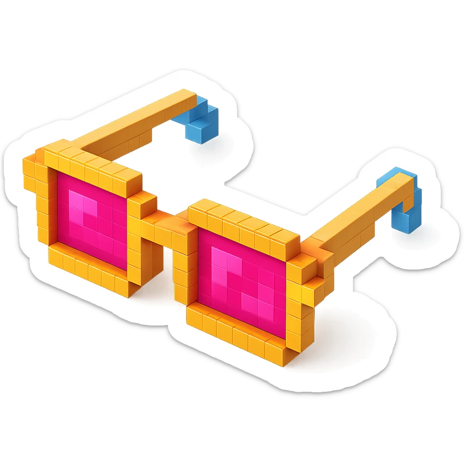 Voxel-style glasses with pink lenses, detailed and intricate sticker