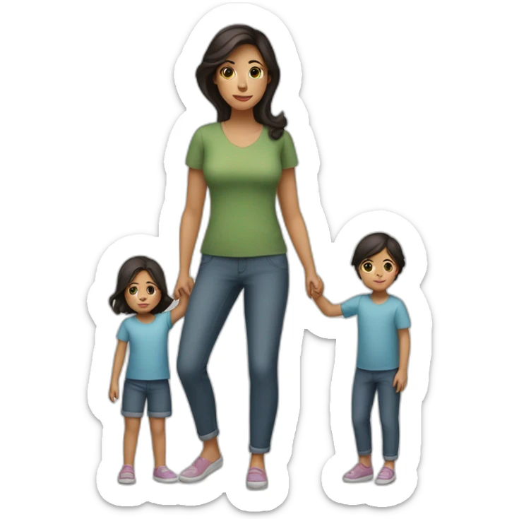 mother and 2 child with dark hair5 and white skin full length sticker